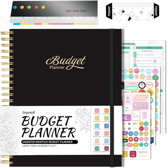 Ospelelf Budget Planner - Monthly Budget Book with Expense Tracker Notebook, Undated 12 Month Bill Organizer & Finance Planner, A4 Account Book with 12 Index Pockets, Zipper Pouch, Stickers(Black)
