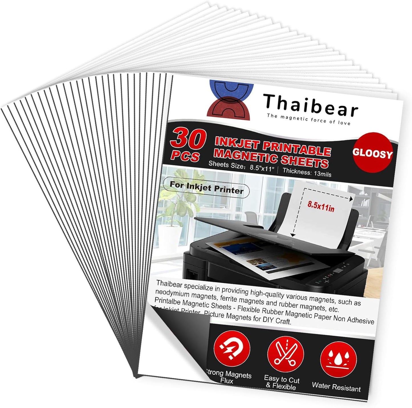 Thaibear Printable Magnetic Sheets, 8.5" x 11", 30 Pack Glossy Magnet Printer Paper for Inkjet, Flexible Magnetic Printer Paper for Fridge, Crafts - Peel and Stick Magnetic Tape