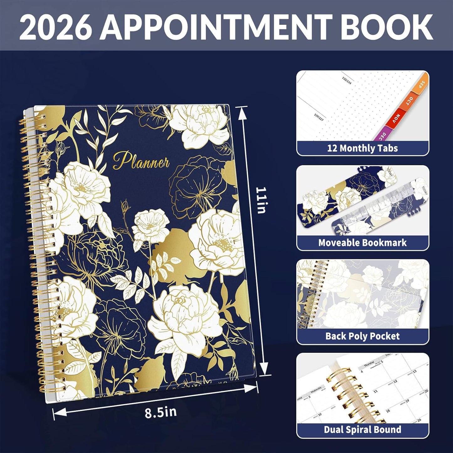 SUNEE 2026 Appointment Book, Quarter-Hourly, Weekly & Monthly - from January 2026 - December 2026, 8.5"x11" Weekly Planner, Flexible Cover, Note Pages, Pockets, Bookmark, Spiral Binding, Dark Blue