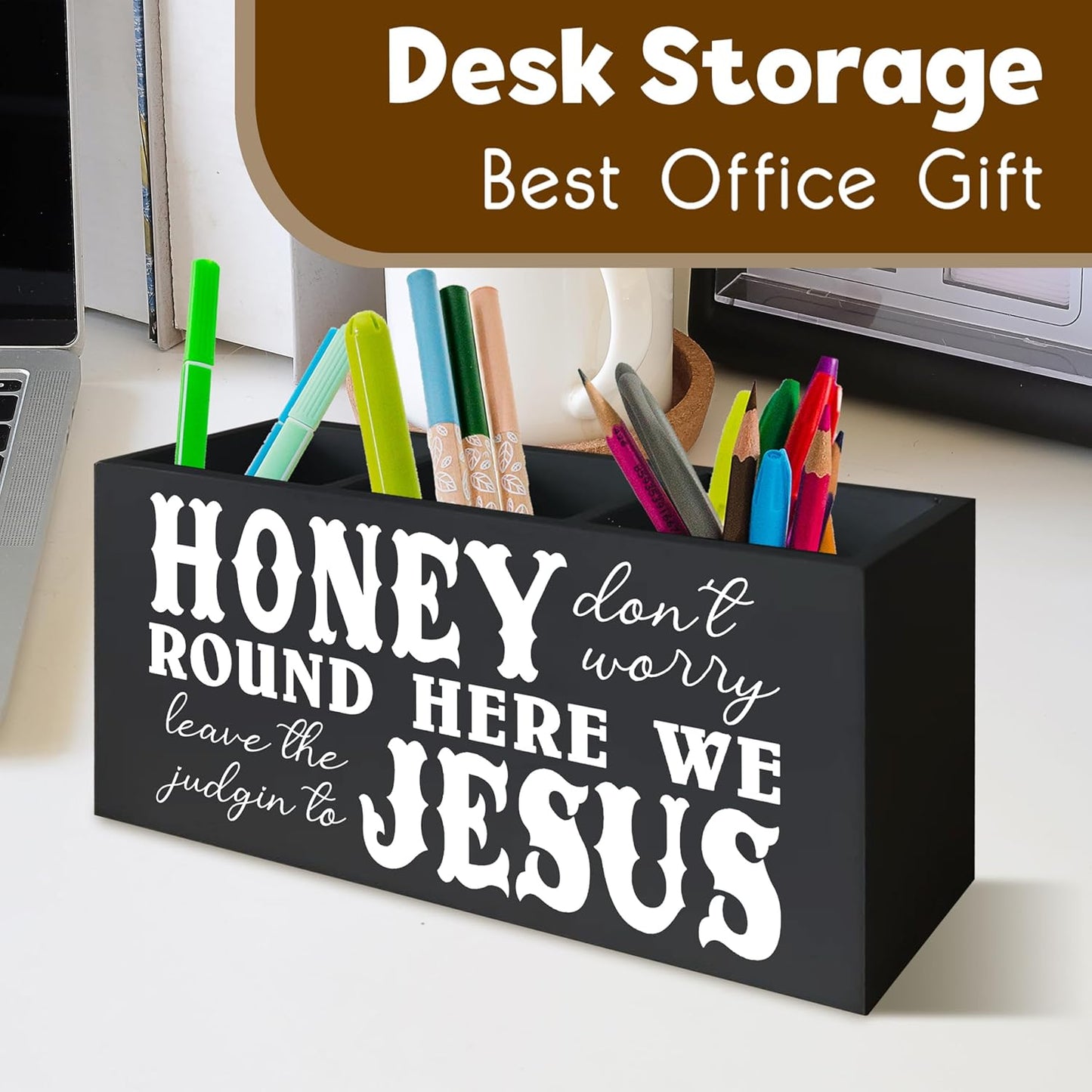 Christian Sign Decor for Desk Pen Holder, Honey Round Here We Jesus Christian Gifts for Women,Jesus Home Shelf Decor Wooden Pencil Holder for Office Desk Accessories