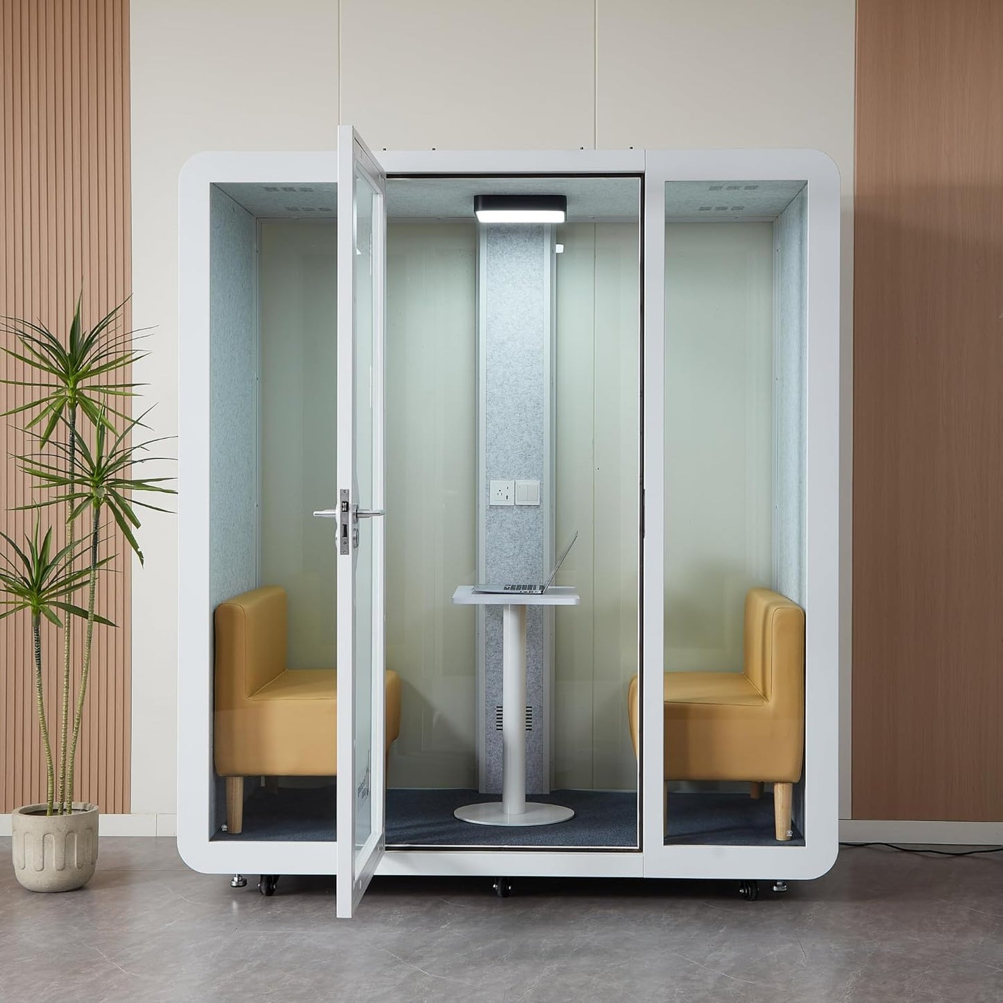 GEARONIC Mobile Office Pod Booth, Standard Sound Proof Office Pod for 2 People, Sound Pod Booth with Mobile Roller, LED Lighting System,Fans and AC USB Ports