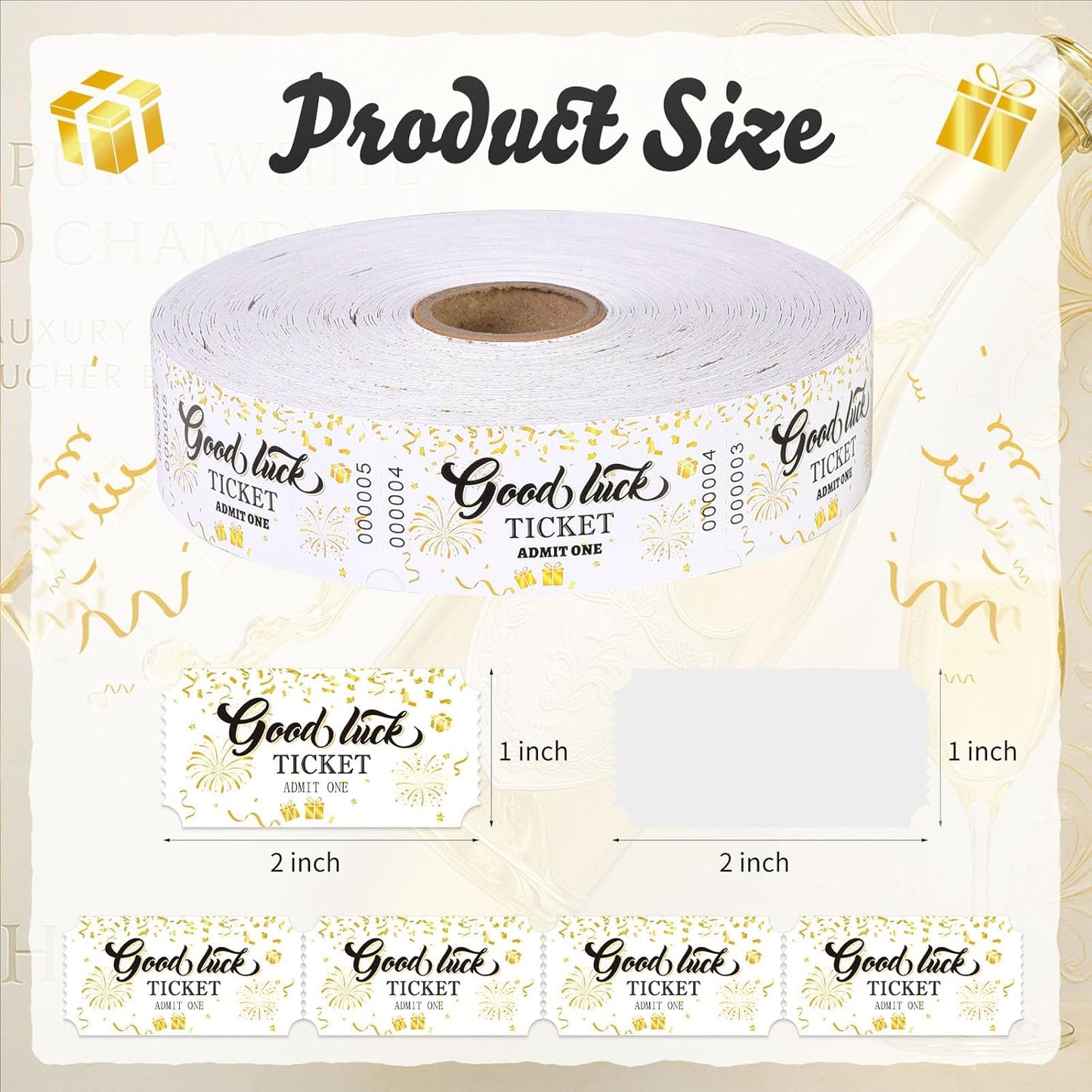1000 Pcs Drink Ticket Single Raffle Tickets Roll Golden Ribbon Gift Design Good Luck Free Drink Ticket for Events Wedding Work Formal Parties Leisure Class Reward