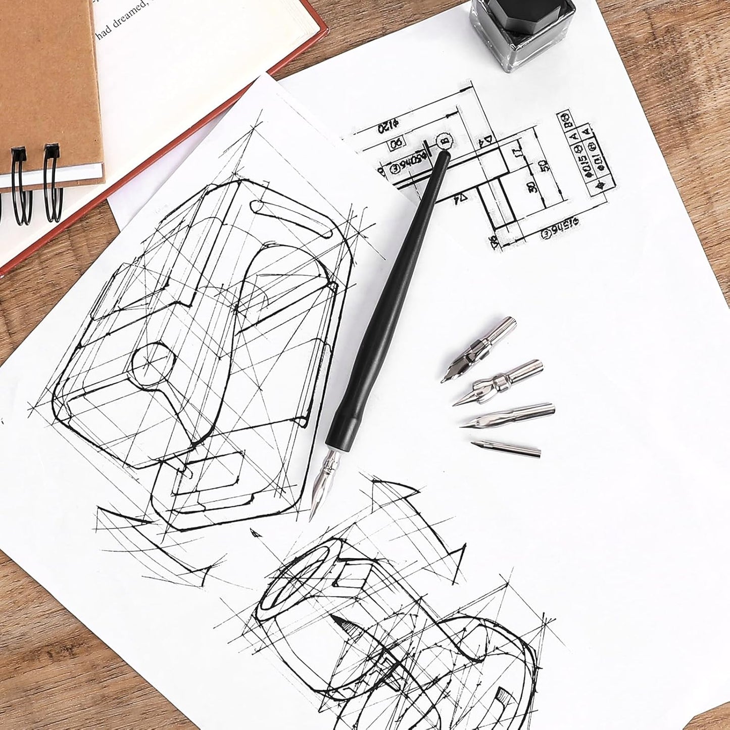 Oblique Calligraphy Pens Dip Set, Comic Pen Nib Set, Fluid Writer Pen, Calligraphy Dip Pen and Nibs Set Drawing with 5pcs Stainless Steel Pen Nibs Replacement Nibs Nib for Writing, Painting, Signing