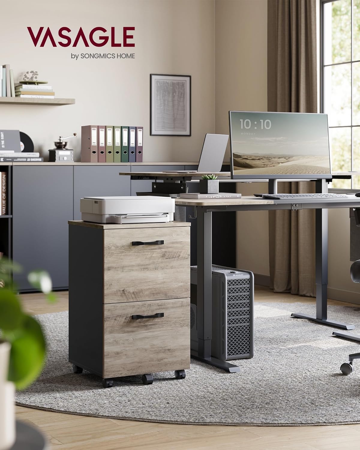 VASAGLE 2-Drawer File Cabinet, Small Rolling Filing Cabinet for Home Office, Printer Stand, for A4, Letter-Size Documents, 15.7 x 16.5 x 27.6 Inches, Heather Greige and Ink Black UOFC040B02