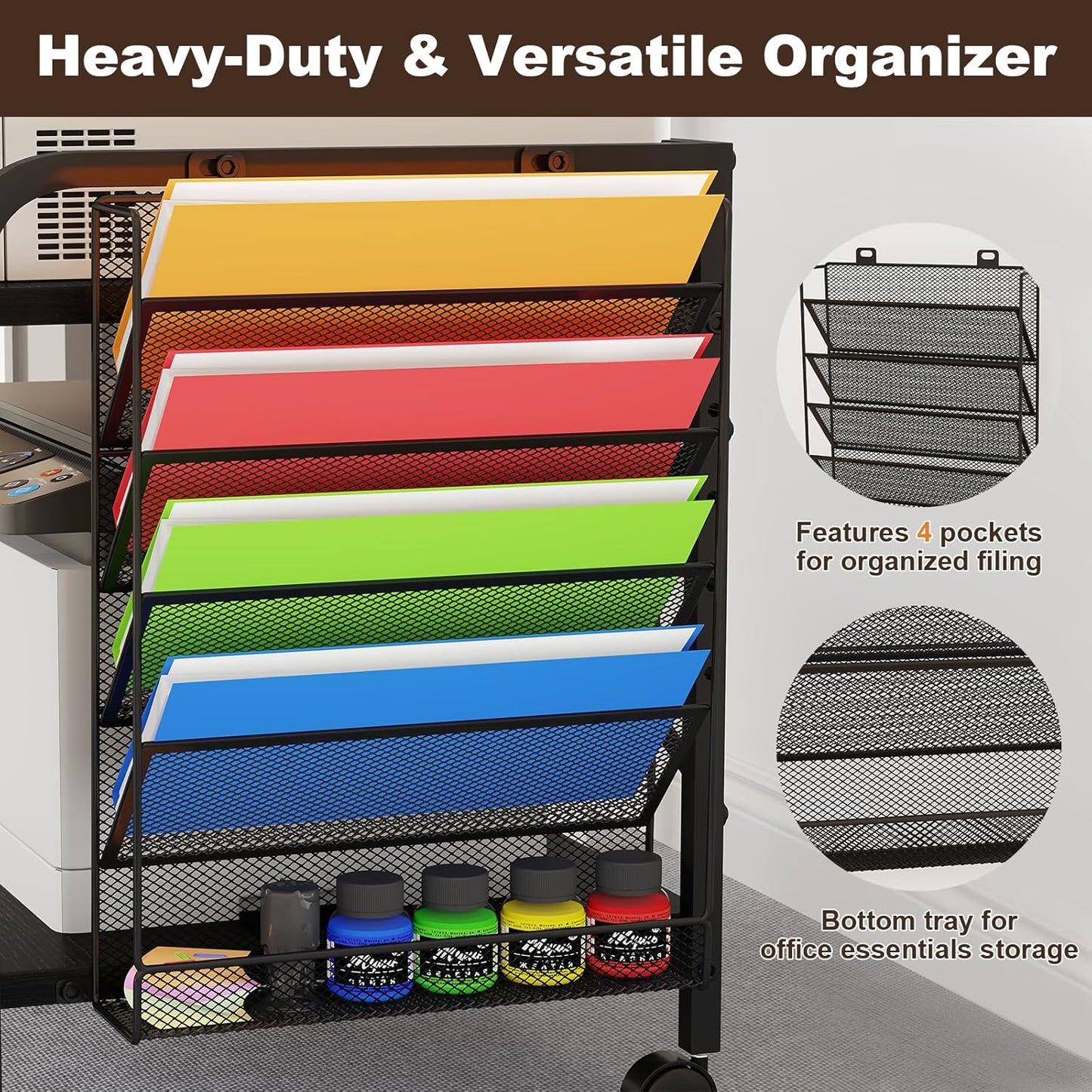 EasyCom Large Printer Stand with File Holder Organizer, Adjustable Height Shelf with Wheels, Rolling Printer Cart with Storage for Printer Scanner Fax Home Office Use Black