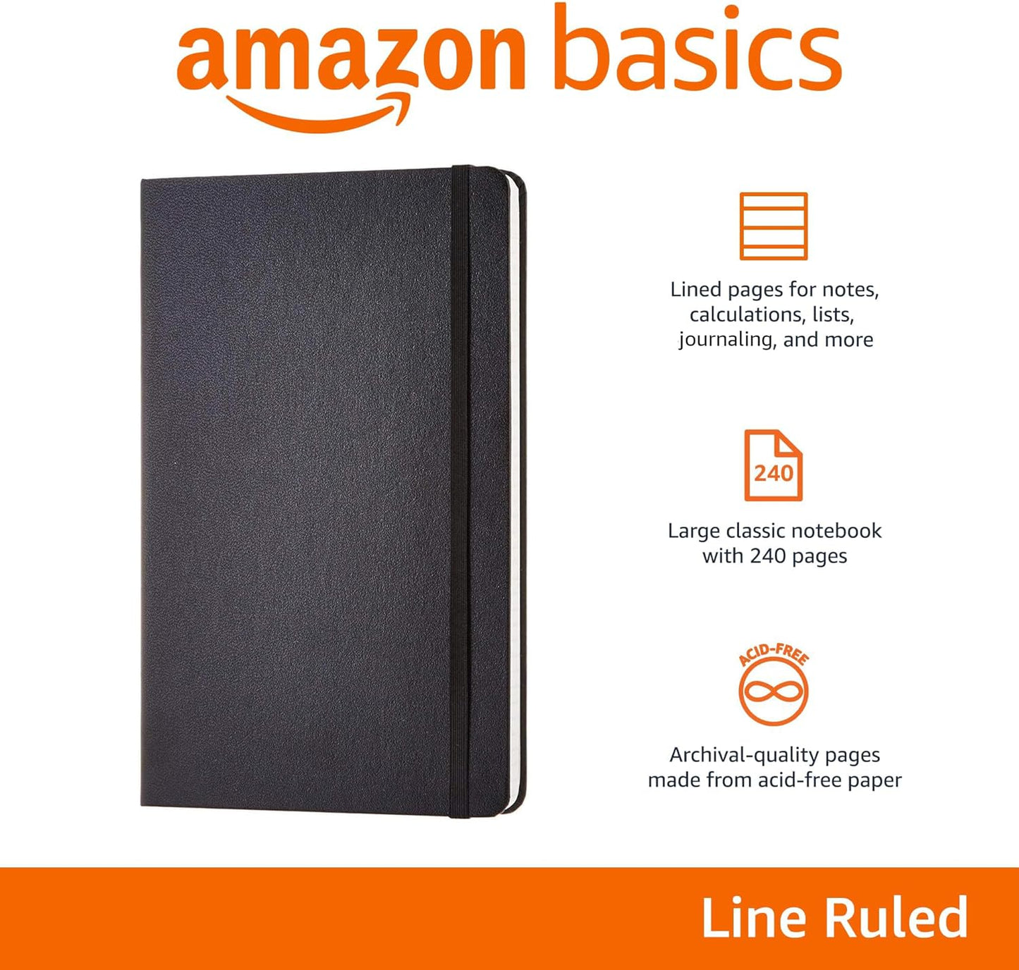 Amazon Basics Classic Lined Notebook, 240 Pages Hardcover, 5 x 8.25-Inch, Black