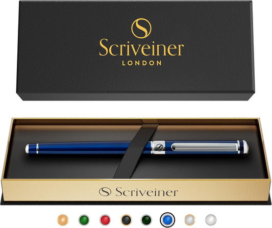 Scriveiner Midnight Blue Rollerball Pen - Stunning Blue Lacquer Luxury Pen, Chrome Finish, Schmidt Ink Refills, Men & Women, Professional, Executive Office, Nice Pen