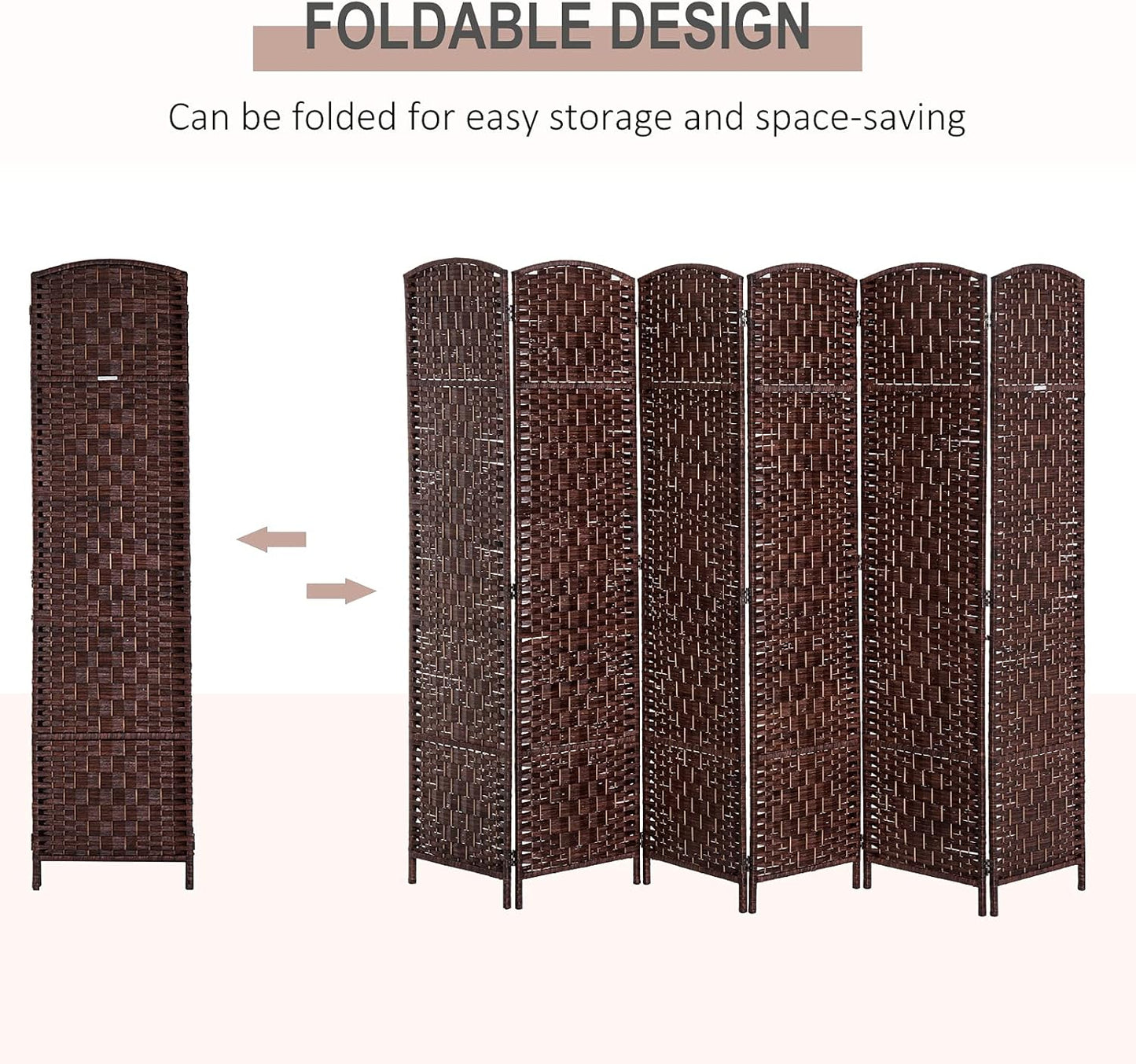 HOMCOM Room Divider 6 Panels Folding Privacy Screen 6FT Tall Portable Wicker Weave Partition Wall Divider for Bedroom Home Office, Brown