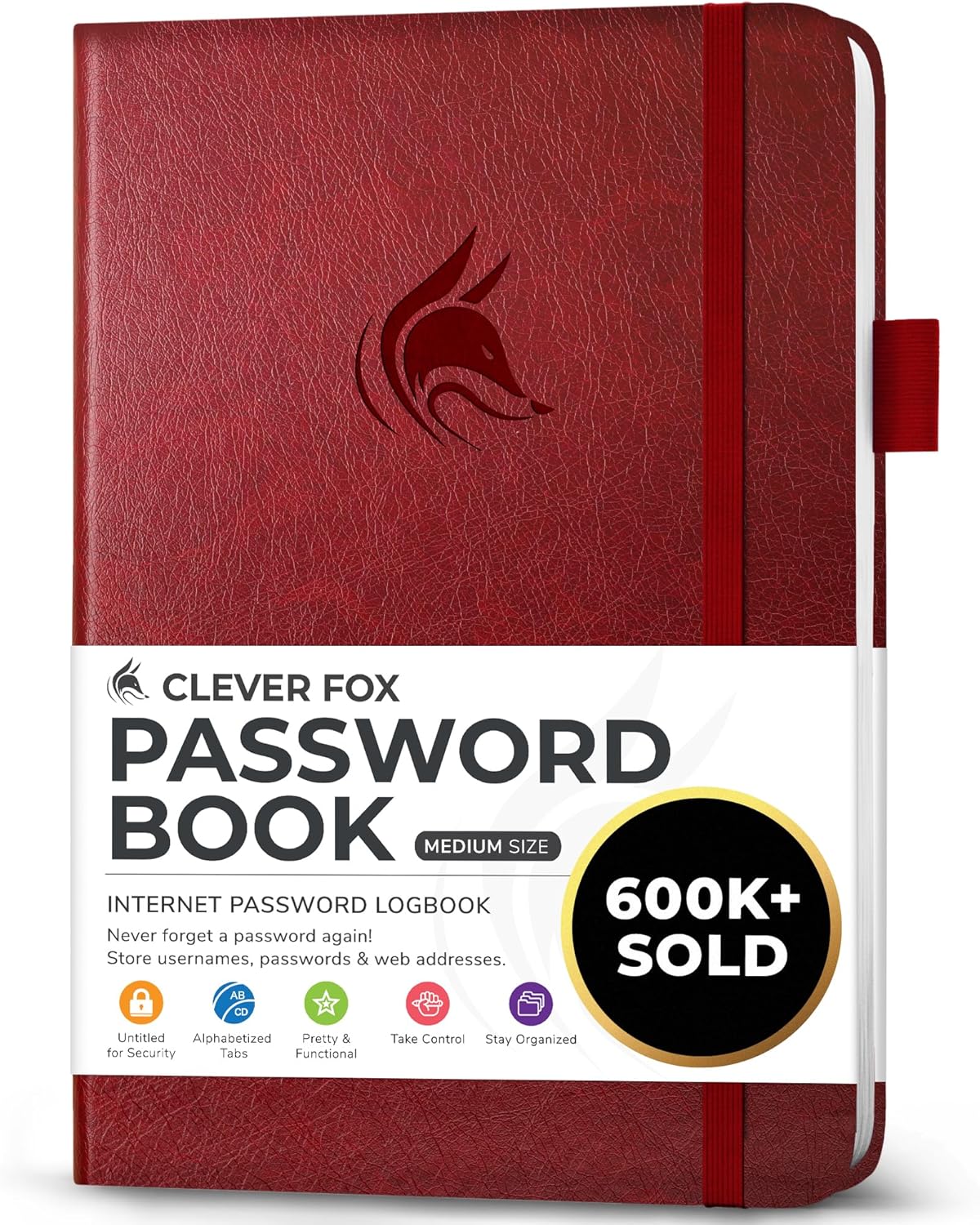 Clever Fox Password Book with alphabetical tabs. Internet Address Organizer Logbook. Medium Password Keeper for Website Logins (Wine Red)
