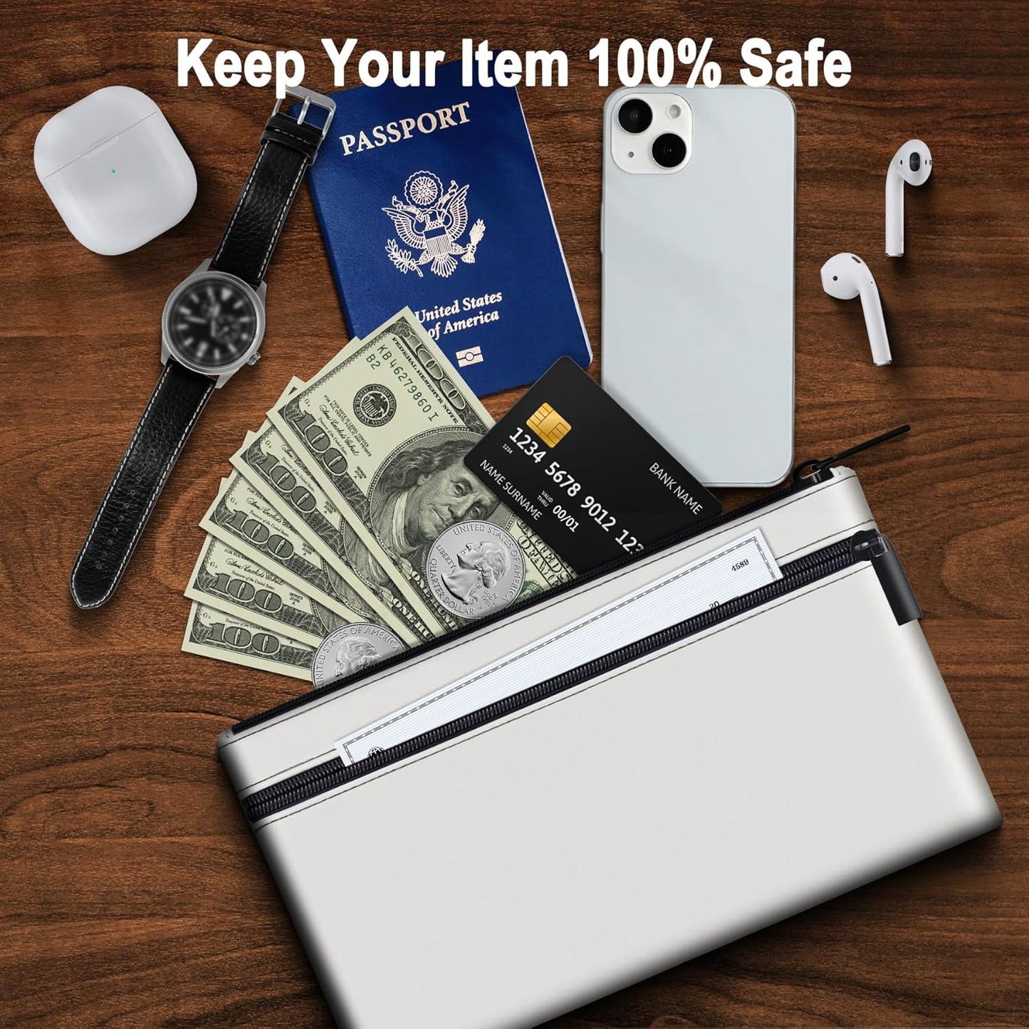 HAUTOCO 2 Pack Money Bag with Zipper 11x6.1 inch Money Pouch with Lined PU Leather Bank Bag Two Pockets Utility Wallet for Cash Check Receipt Coins Cosmetics, White