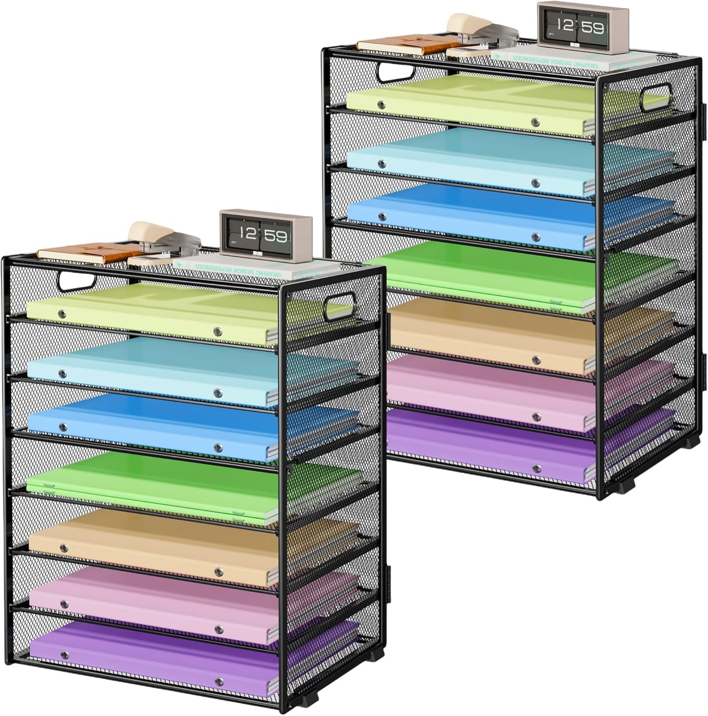 2 Pack 8 Tier Paper Organizer with Handle, Metal Mesh Desk File Organizer, Large Capacity Desk Organizers Paper Letter Tray Desktop Document Sorter for Office, Home or School - Black