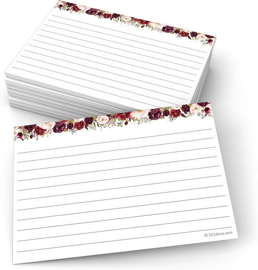 321Done Floral Ruled Index Cards - Made in USA - Large 4x6 (Set of 50), College-Ruled Lined Notecards Double-Sided, Thick Heavy Duty Cardstock, Cute Pretty Flowers Red Roses on White Note Cards Lines
