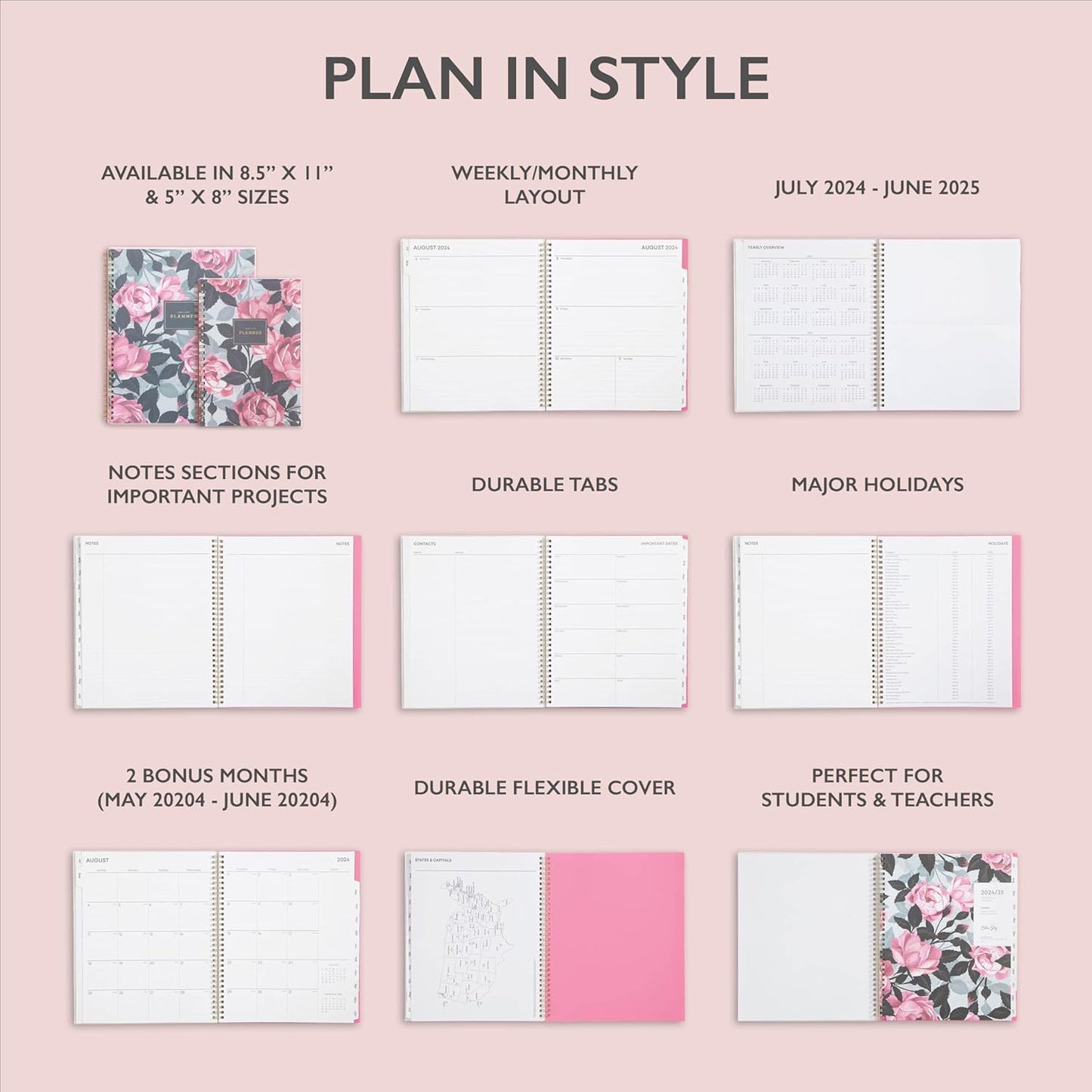 Blue Sky 2024-2025 Academic Year Weekly and Monthly Planner, July 2024 – June 2025, 8.5" x 11", Frosted Flexible Cover, Wirebound, Roosevelt Pink (150150)