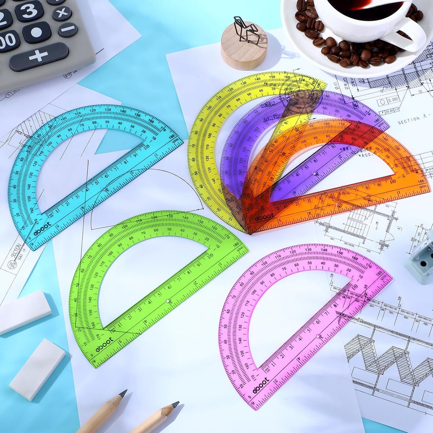 EBOOT 24 Pack Plastic Protractors Math Protractor 180 Degrees 6 Inch (Multi Colors)
