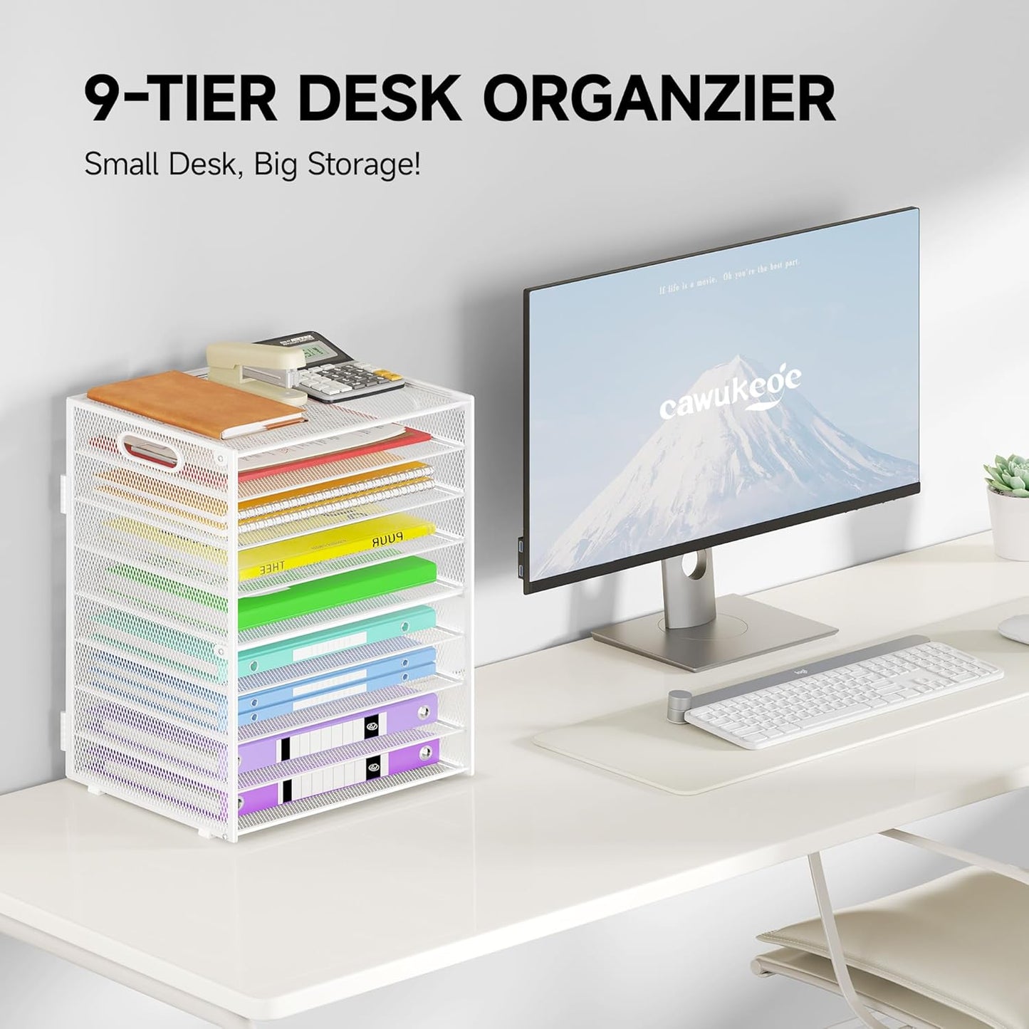 9 Tier Paper Organizer with Handle, Large Capacity Desk Organizer Mesh Paper Letter Tray File Folder Document Sorter for Classroom and Office Accessories Organization- White (2 Pack)