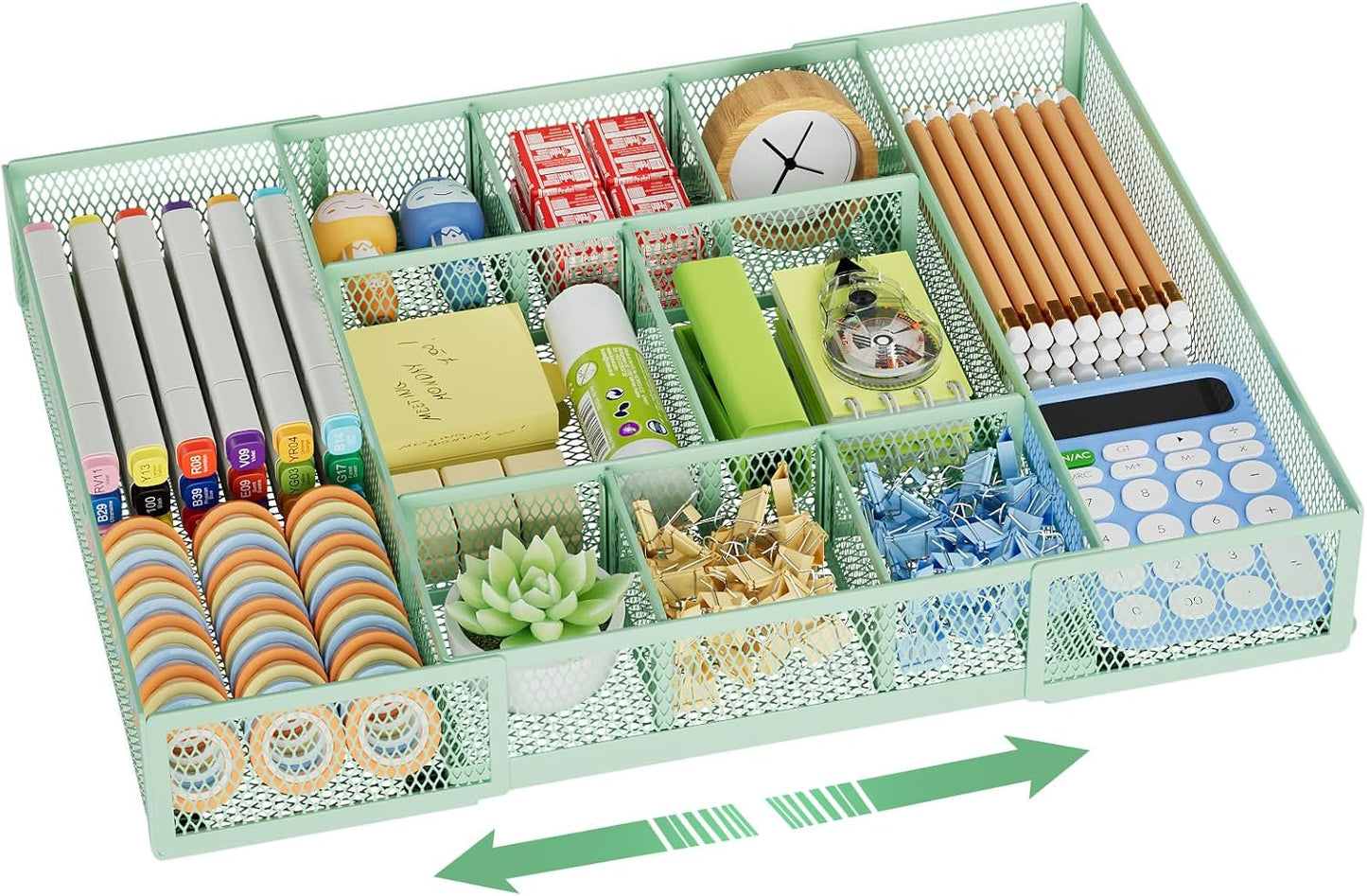 Marbrasse Expandable Desk Drawer Organizer, Mesh Drawer Organizer Tray with 10 Adjustable Compartments, Desk Organizers and Accessories for Office Supplies, Makeup & Vanity (Expandable-Green)