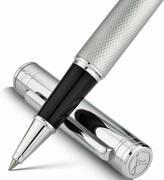 Silver Rollerball Pen, Stunning Luxury Pen with Mesh Texture Design, Bright Silver Chrome Finish, Schmidt refill, Nice Gift Set for Men & Women, Executive, Office, Graduation, Fancy Pens