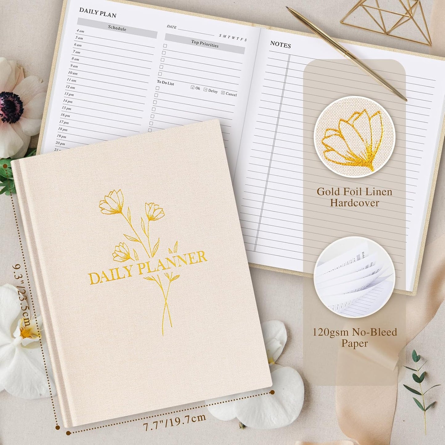 Lanpn Undated Daily Planner Hourly Schedule Notebook, 196 Pages 2 Page per Day To Do List Notebook Notepad Appointment Work Planner, Hardcover Daily Journal Organizer Book For Women 7.7" x 9.3" Beige