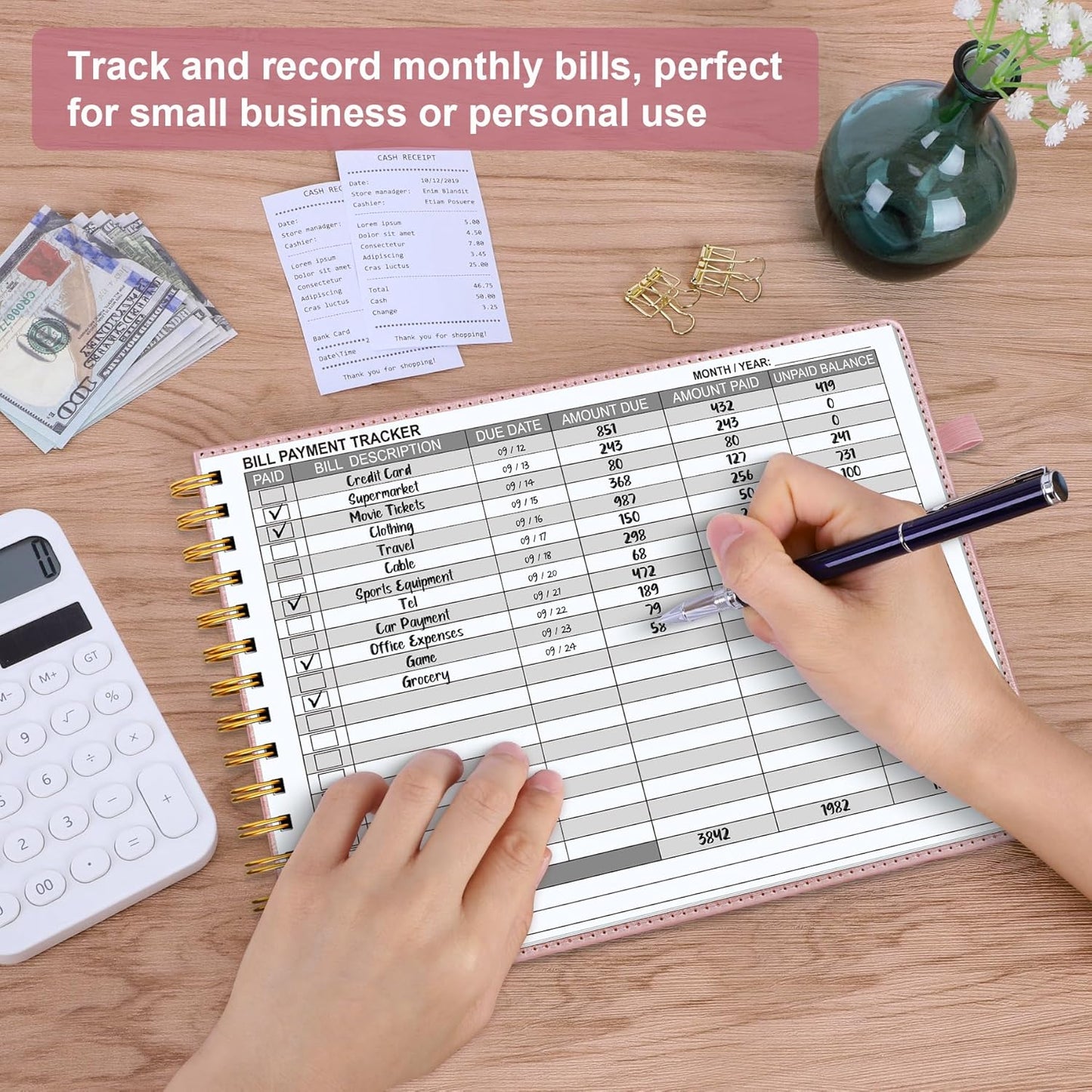 HAUTOCO Hardcover Bill Tracker Notebook Horizontal Monthly Bill Payment Organizer for Personal Budgeting Home Finance with 2 Storage Pocket Expense Checklist Tracking Planner 10.78 x 8'', Rose Gold