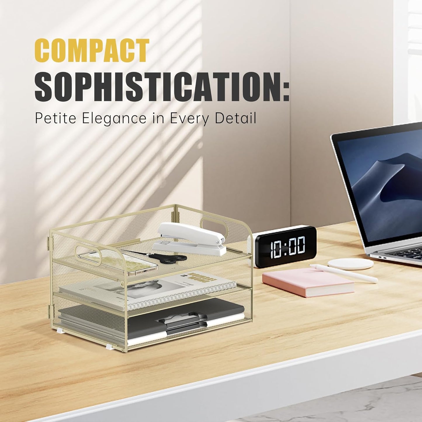 Daltack 3-Tier Paper Organizer with Handle, Mesh Desk Organizer Letter Tray, Paper Tray Organizer File Organizer for A4 File Folder, Golden Yellow