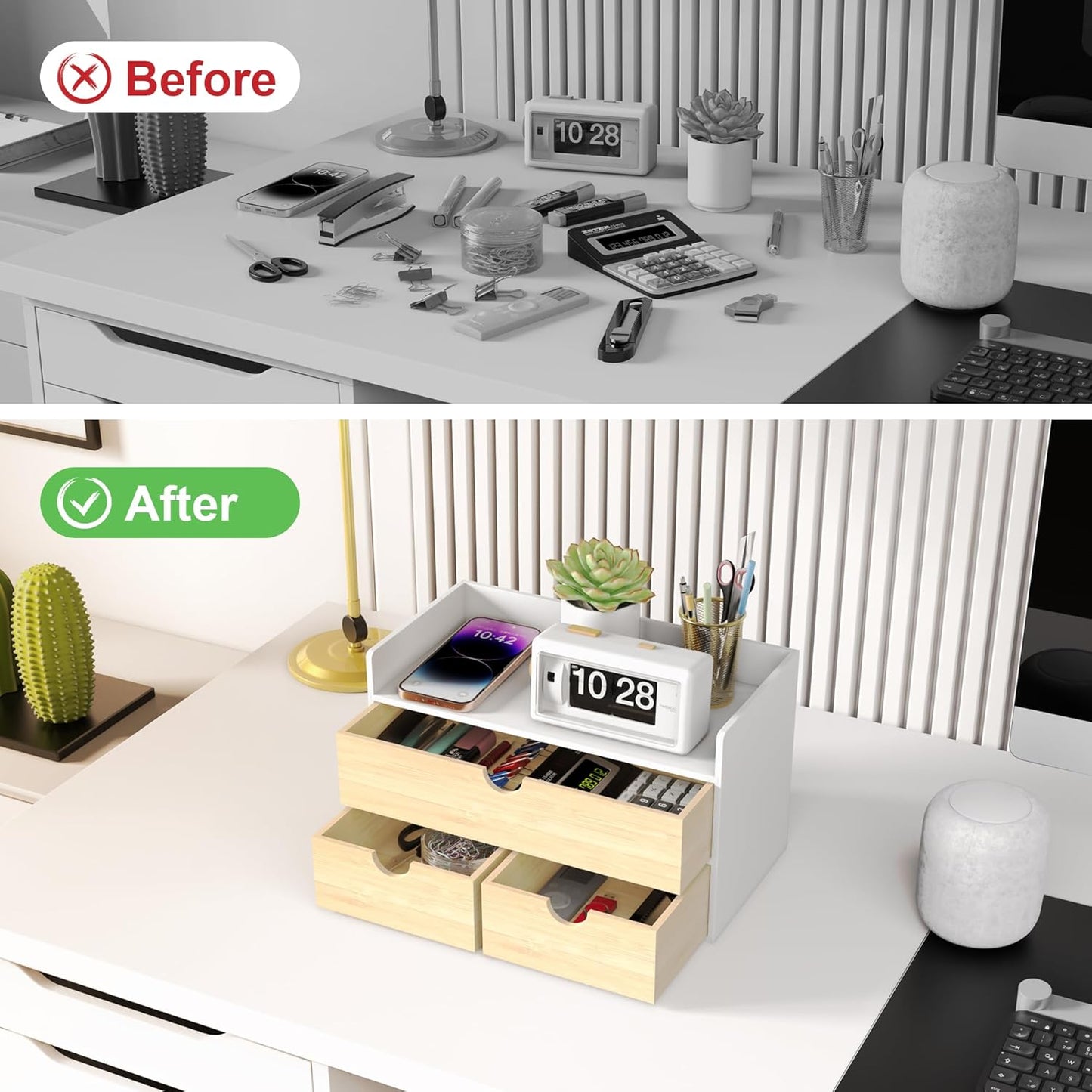 Wisuce Desk Organizer with Drawers - Bamboo Desktop Organizer Storage | White-Natural Wood Desk Drawers Organizer for Bills, Office Supplies, Cosmetics, Seals No Assembly Required