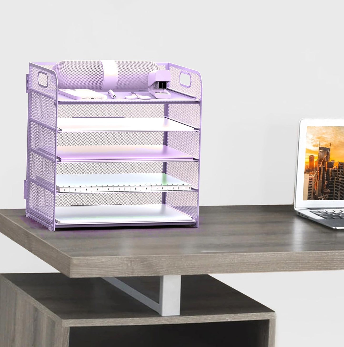 Letter Tray Paper Organizer 5-Tier Desk Organizer File Organizer Paper Holder with Handle, Metal Desktop Document Shelf Tray Office Classroom Organization - Purple