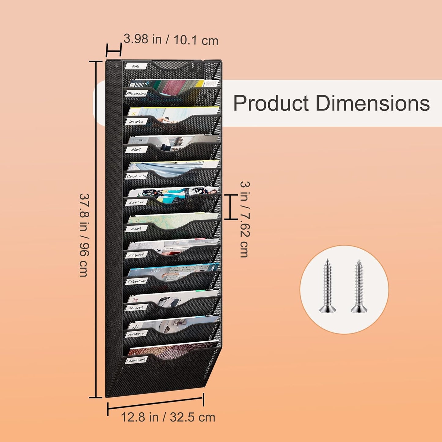 12 Tier Hanging Wall File Holder, Metal A4 Wall Mounted Document Holder, Vertical Hanging Mail Organizer, Magazine Storage Rack for Office Home Classroom, Black