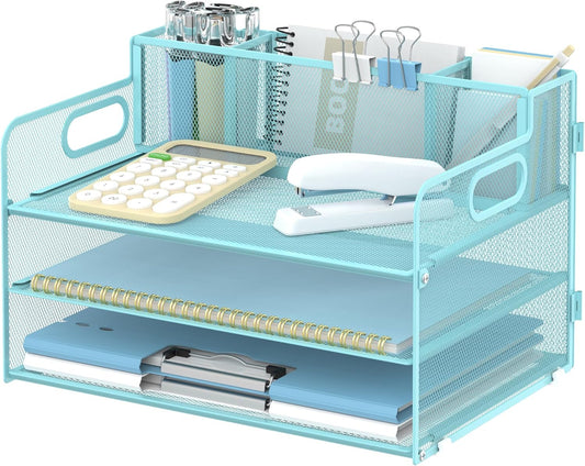 SUPEASY 3 Tier Desk Organizer with Handle & 3 Pen Holders, Mesh Paper/File Organizer for Desk, Paper Letter Tray Organizer for Office Supplies (Light Blue)
