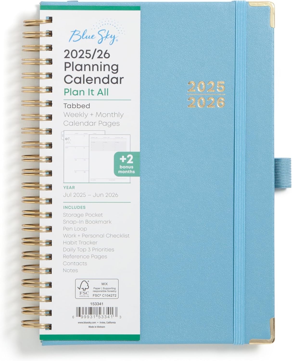 Blue Sky 2025-2026 Academic Year Weekly and Monthly Planner Calendar, July 2025 - June 2026, 12-Month, 5" x 8", Faux Leather Cover, Wirebound, Storage Pocket, Laminated Tabs, Blue Haze