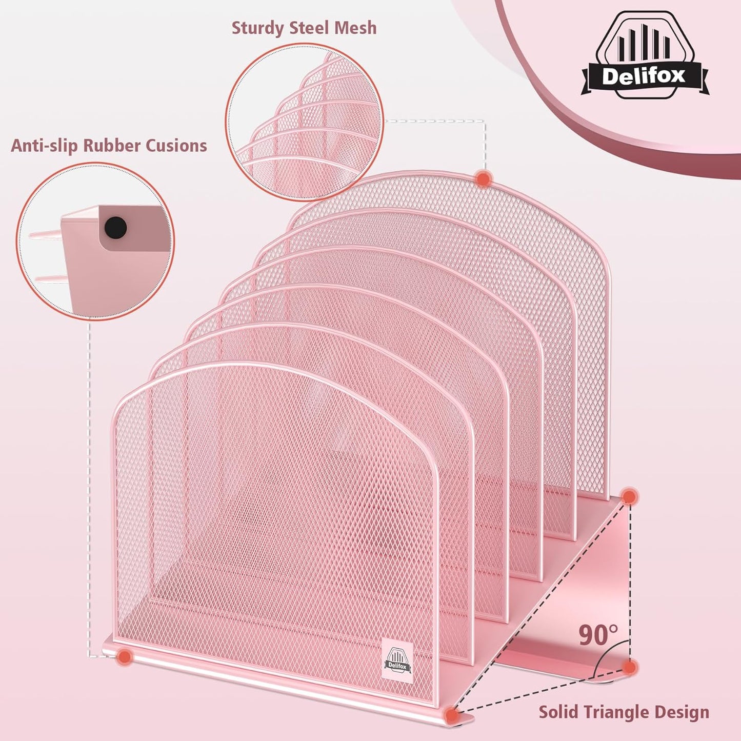 Inclined Desk File Organizer, 5-Section Vertical File Folder Holder Stand Metal Rack File Sorter for Office Classroom Desktop Organization (Pink, 2Pack)