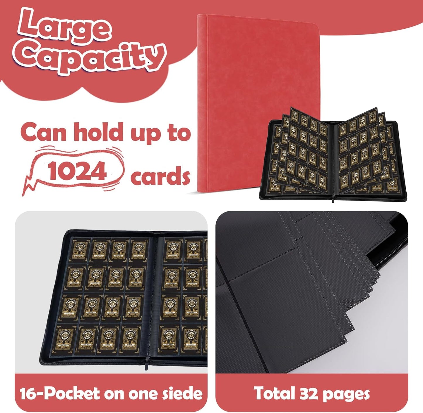 1000+ Pockets Trading Card Binder,16 Pockets Trading Card Binder Ringless Side Loading Trading Card Album Folder for TCG,MTG,Sports Cards(Red)
