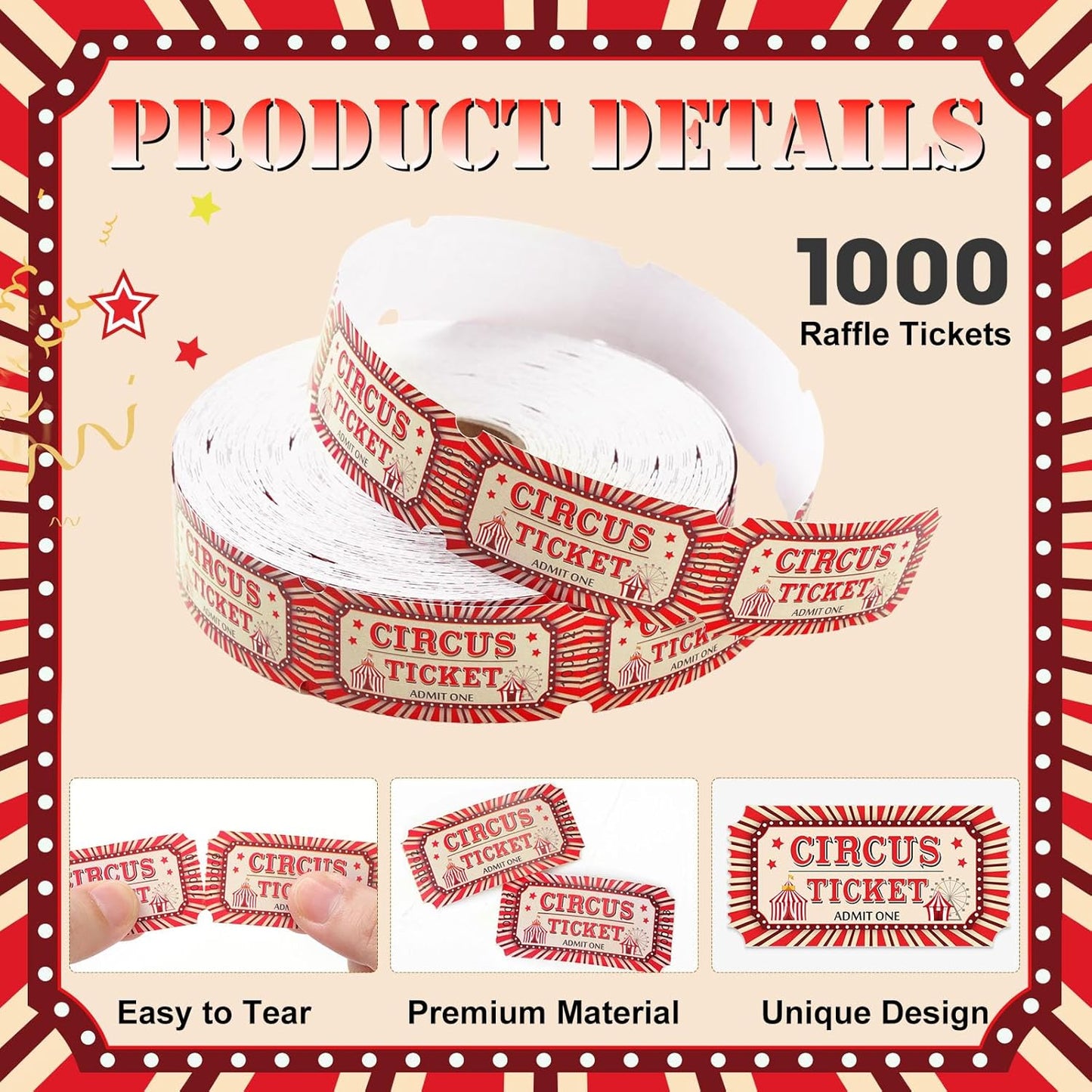 1000 Pcs Circus Raffle Tickets Roll Carnival Tickets Carnival Theme Party Decorations Party Ticket for Events Carnival Favors Supplies