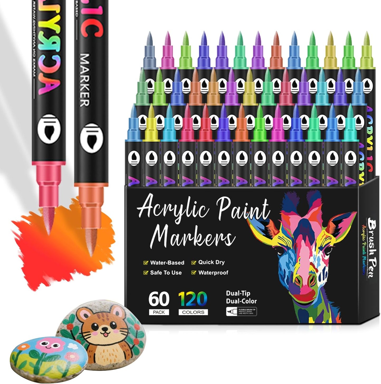 120 Dual Tip Acrylic Paint Markers, Double Color Acrylic Paint Pens for Rock Painting, Ceramic, Stone, Wood, Canvas, Stone, DIY Art Supplies