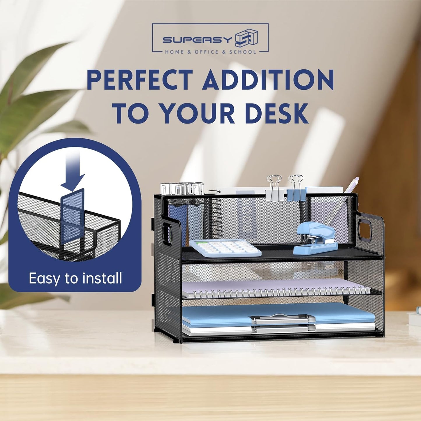 SUPEASY 3 Tier Desk Organizer with Handle & 3 Pen Holders, Mesh Paper/File Organizer for Desk, Paper Letter Tray Organizer for Office Supplies (Black)