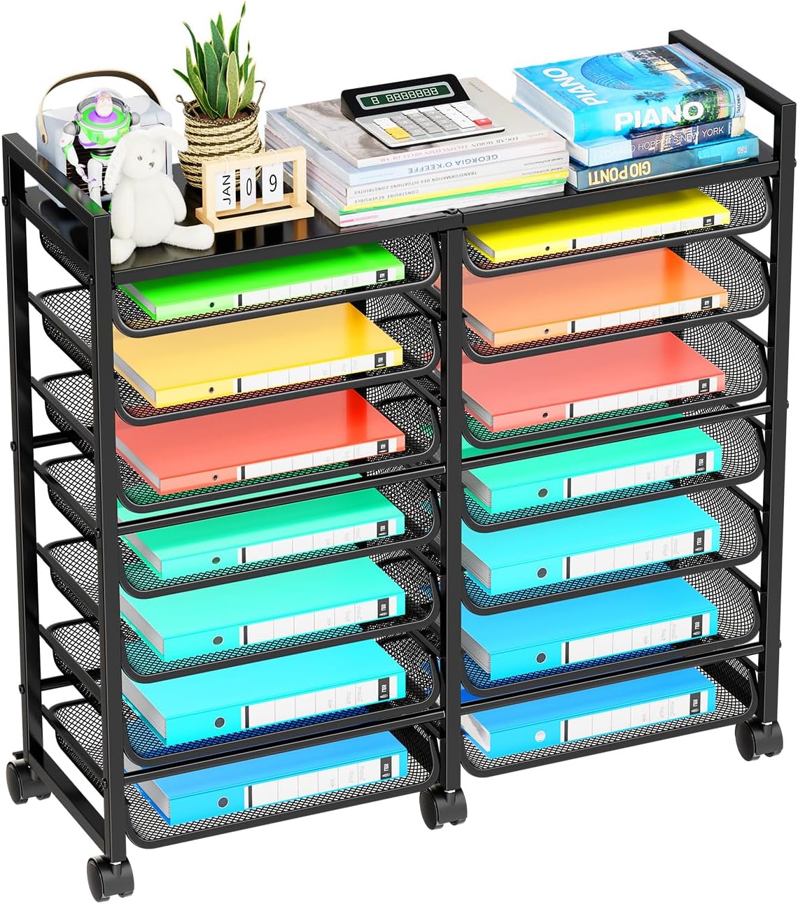 Simple Trending Rolling File Storage Cart, 15-Tier Metal Desk File Organizer with 14 Mesh Sliding Trays, Multi-Functional Clutter Cart for Office Home School, Black