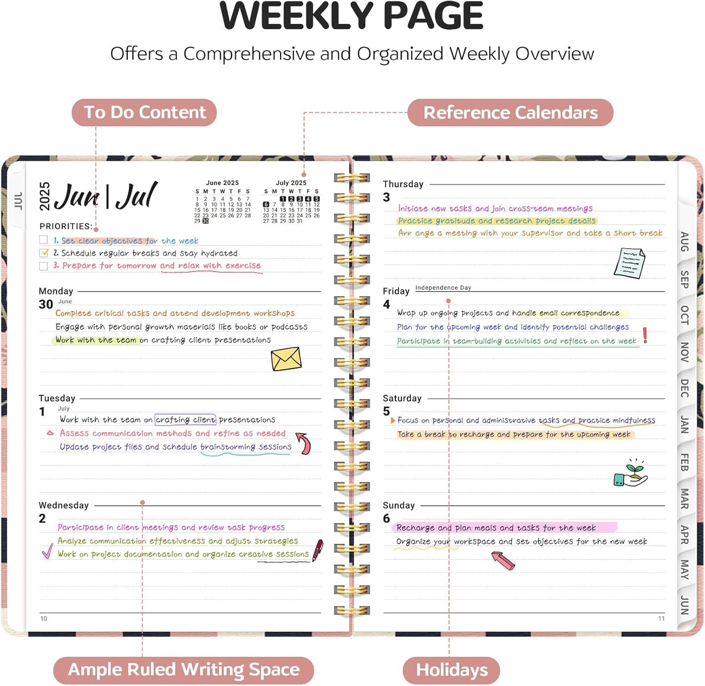 Planner 2025-2026, Academic Year Weekly and Monthly Calender Planner, July 2025 - June 2026, Spiral Bound School Planning Tool, Perfect for Teacher, Student, Women & Men - A5 (6.3" x 8.5"), Floral Grid