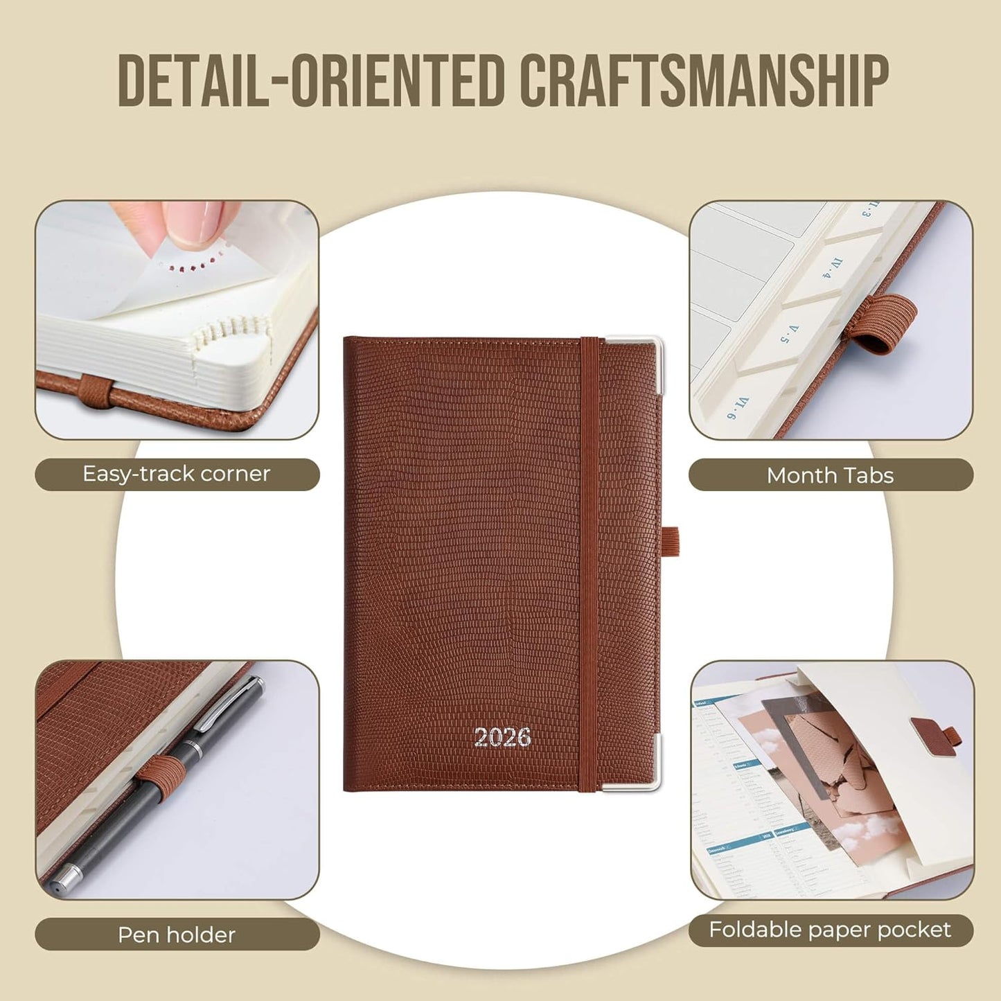 Daily Planner 2026 with One Page Per Day,(A5-8.5" x 5.9"),12 Months Calendar Hourly Appointment Book Monthly Tabs&Self-adhesive Pen Holder,Inner Pocket,Durable Vegan Leather Hardback,Brown