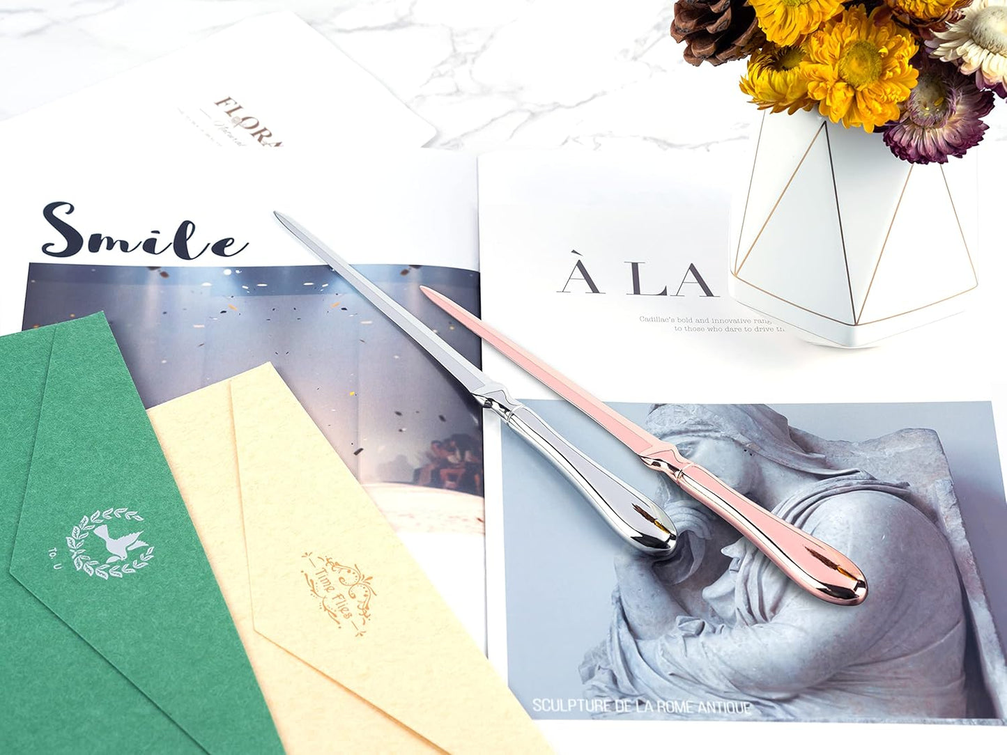 Silvery & Rose Gold Letter Opener, Envelope Opener Knife Metal Letter Opening Knife, Paul Revere Paper Cutting Knife, 9 inches (2 Pack)