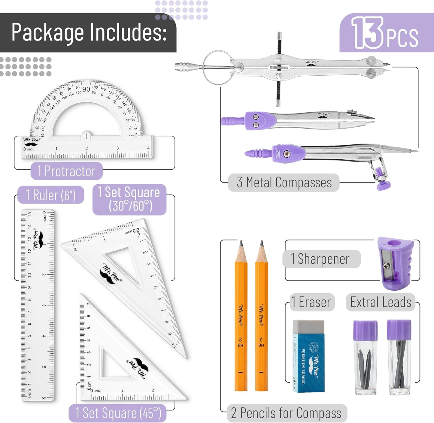 Mr. Pen- Geometry Set, 13 pcs, Compass for Geometry Compass, Geometry Kit Set with Shatterproof Storage Box, Math Compass, Geometry Set for School, Compass Math, Protractor and Compass Set, Purple