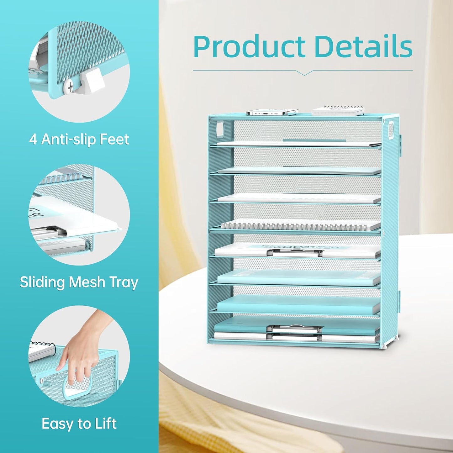 DALTACK 9-Tier Paper Letter Tray Desk Organizer with Handles, Mesh File Holder Organization, Paper Sorter Desk Organizer for Office Home School, Blue