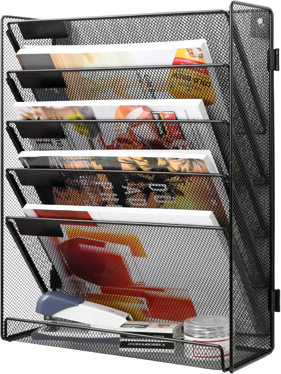 EasyPAG Wall File Holder Organizer 6 Tier Mesh Hanging Wall Mounted Document Paper Folder Filing Magazine Rack with Nametag Label for Office Home School, Black