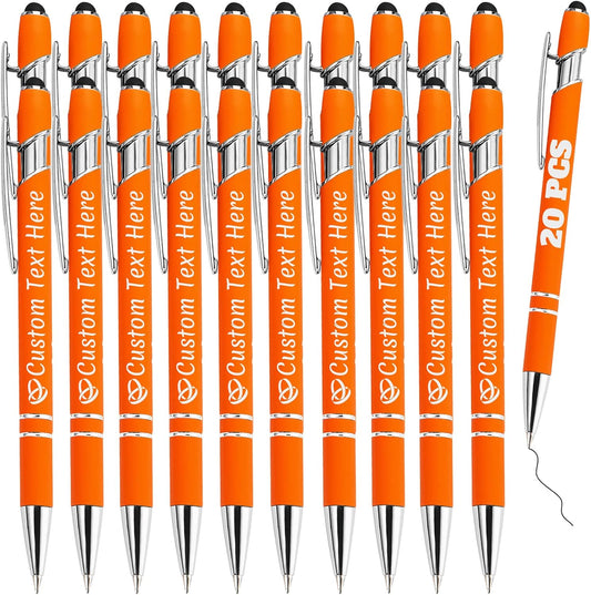 Personalized Pens Bulk 20 with Name Custom Engraving Ballpoint Pens with Stylus Tip Customized Smooth Writing Pens Personalized Gifts for Anniversary Birthday or Graduation(Orange,Black Ink)