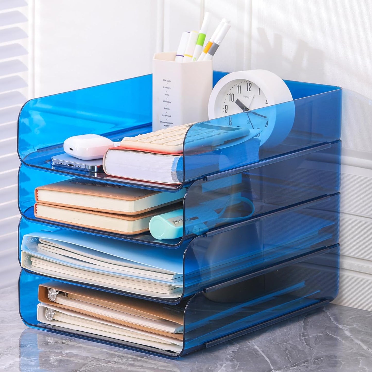 4 Pack Stackable Paper Tray Organizer File Organizer for Desk, Office Organizer and Storage for Desk Accessories, Notes, Books, File Paper, Document, Blue