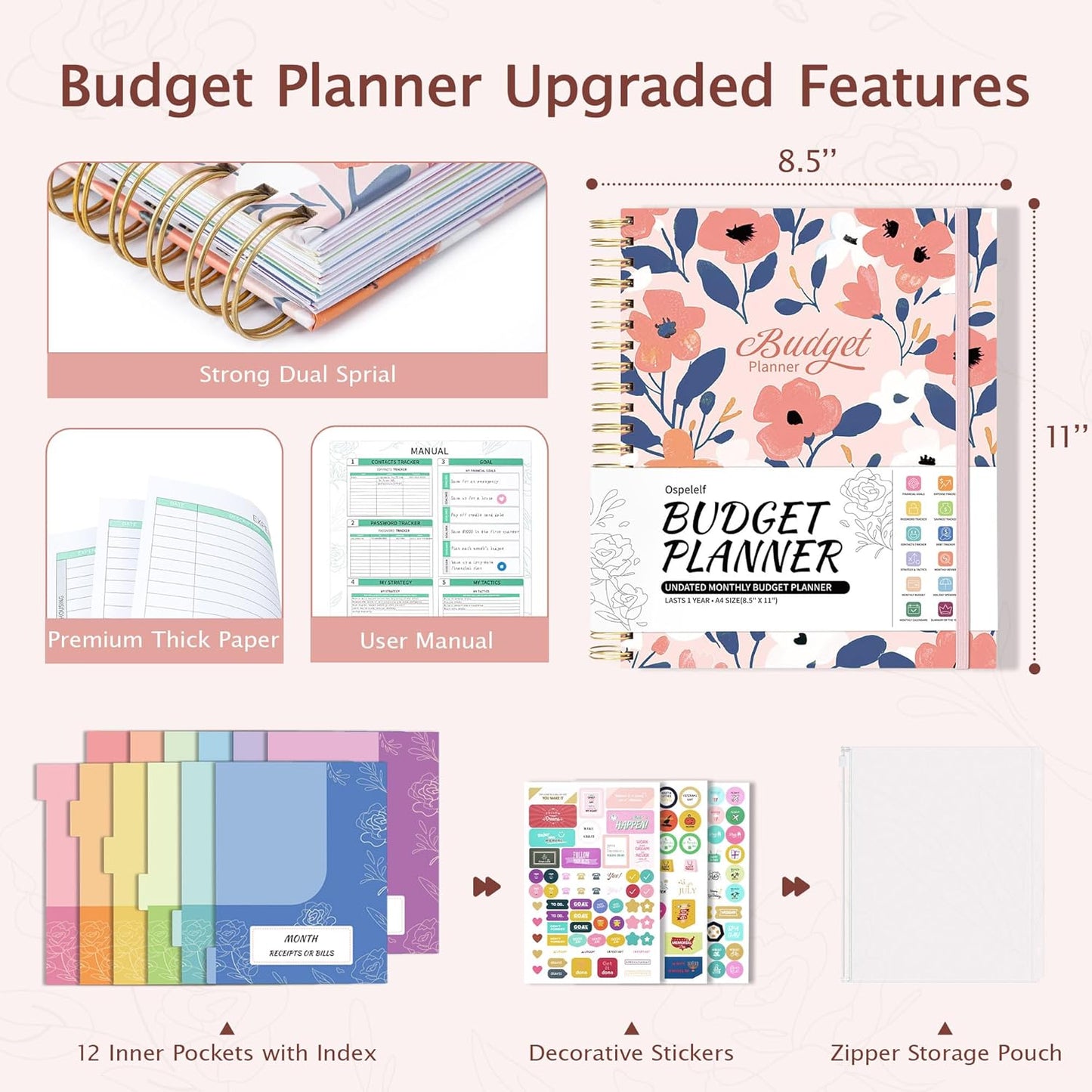 Ospelelf Budget Planner - Monthly Budget Book with Expense Tracker Notebook, Undated 12 Month Bill Organizer & Finance Planner, A4 Account Book with 12 Index Pockets, Zipper Pouch, Stickers Floral 2