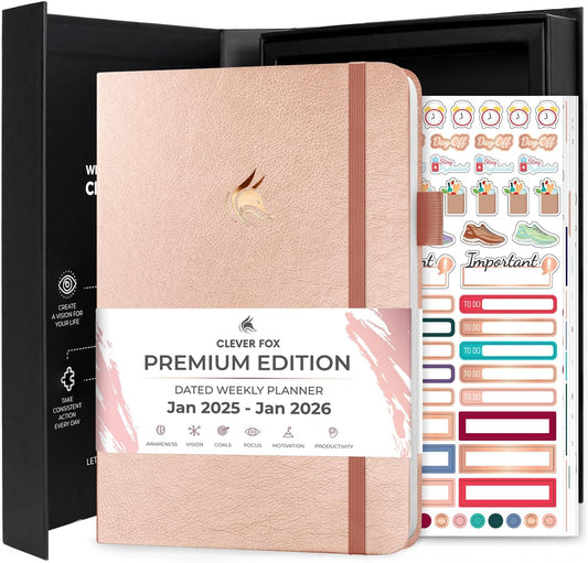 Clever Fox Dated Planner Premium 2025 – Weekly Agenda for Planning & Time Management –Notebook with Habit Tracker & To-do List (Rose Gold)