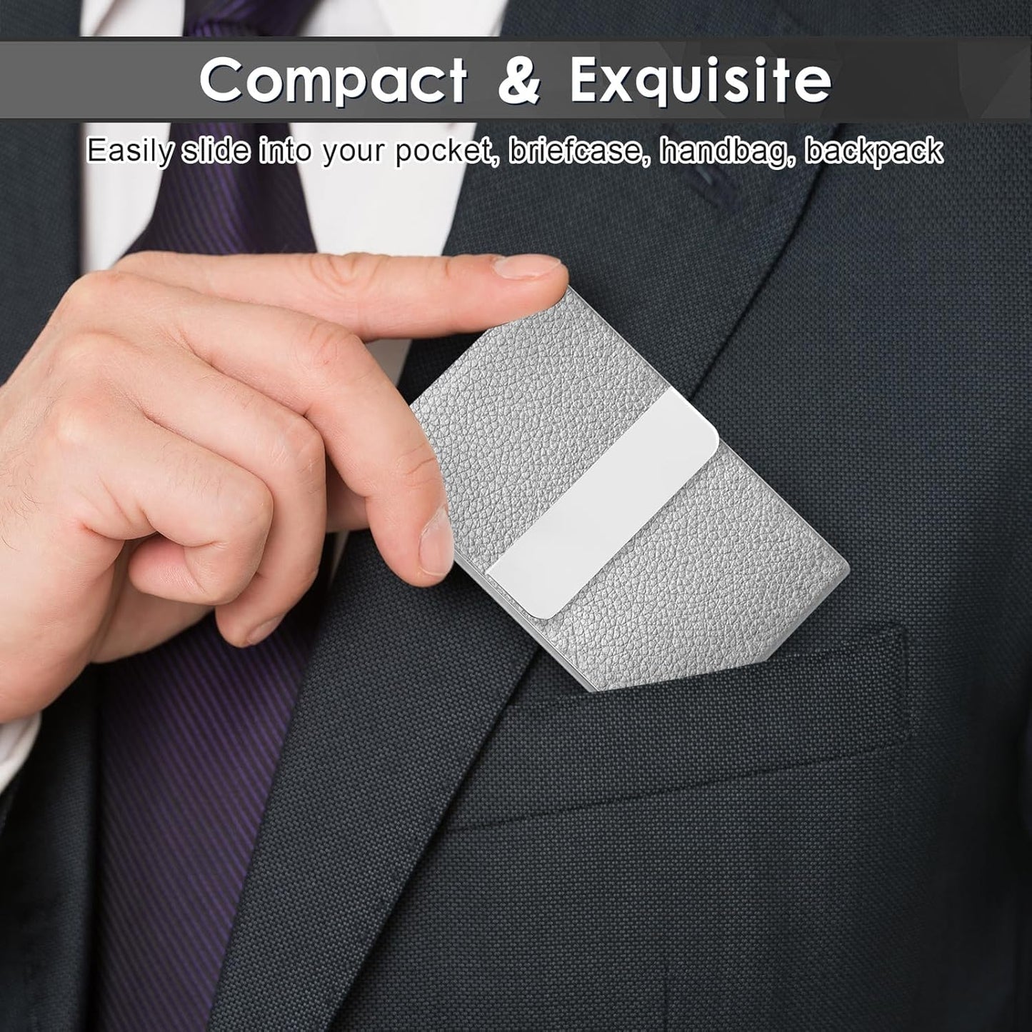 Business Card Holder with Ultra Slim Design, Business Card Case with Premium PU Leather, Suit Pocket Metal Card Holder for Women/Men, Magnetic Closure Quick Access Cards