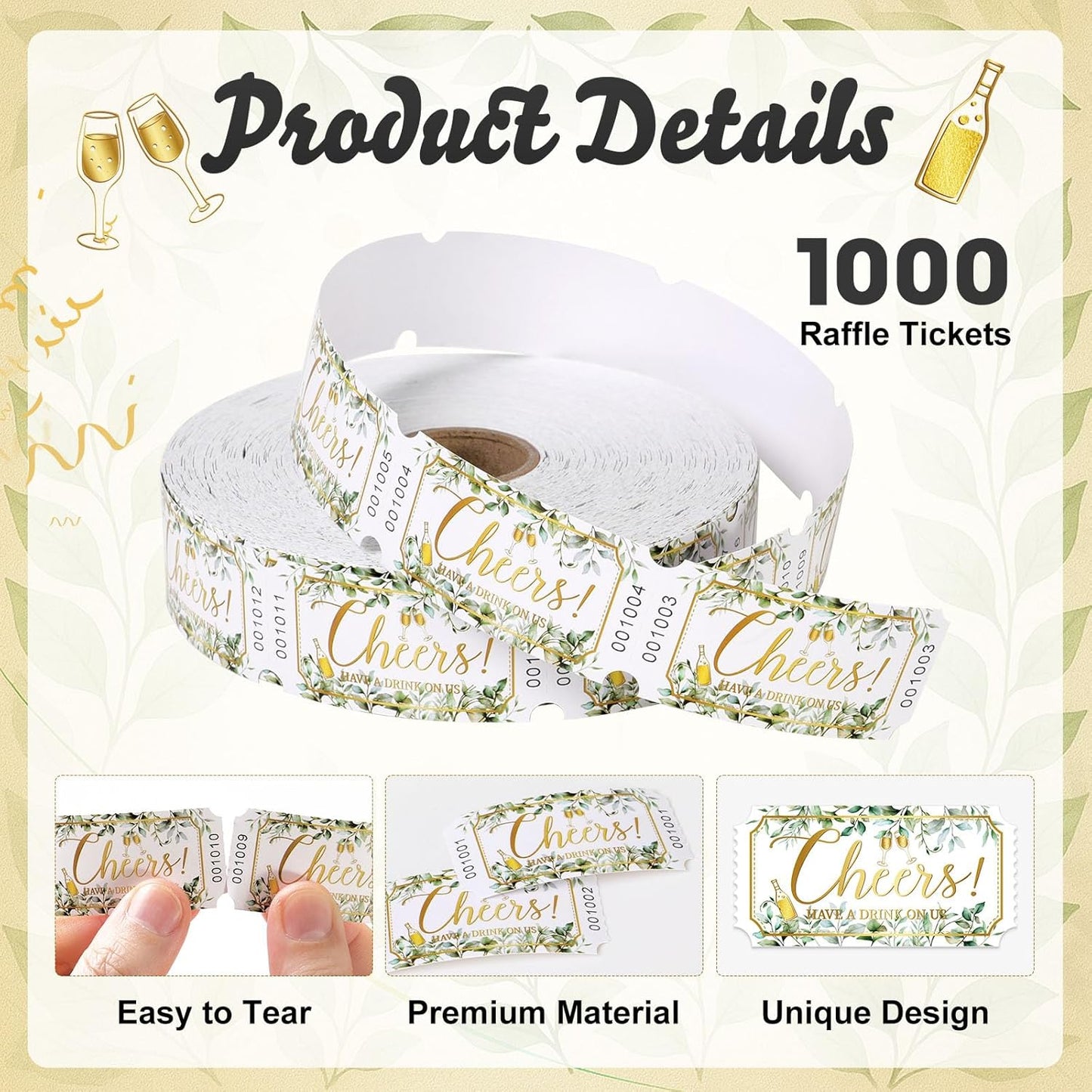 1000 Pcs Drink Ticket Single Raffle Tickets Roll Greenery Eucalyptus Leaves Golden Cheers Cocktail Design Free Drink Ticket for Events Wedding Work Formal Parties Leisure Class Reward