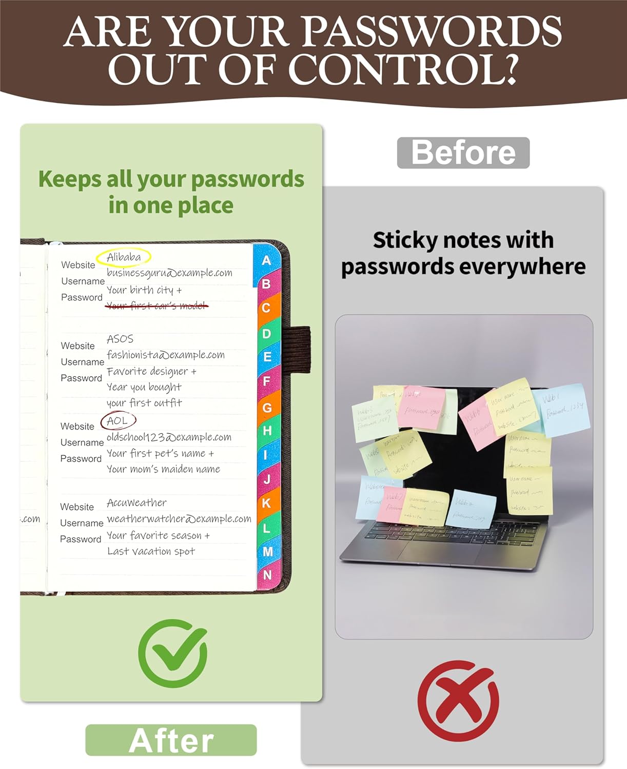 Password Keeper Book with Colorful Alphabetical Tabs, Hardcover Password Log-book for Internet Password and Website Address, 4.1 x6.2 ''Password Notebook for Office (Chocolate, Small)