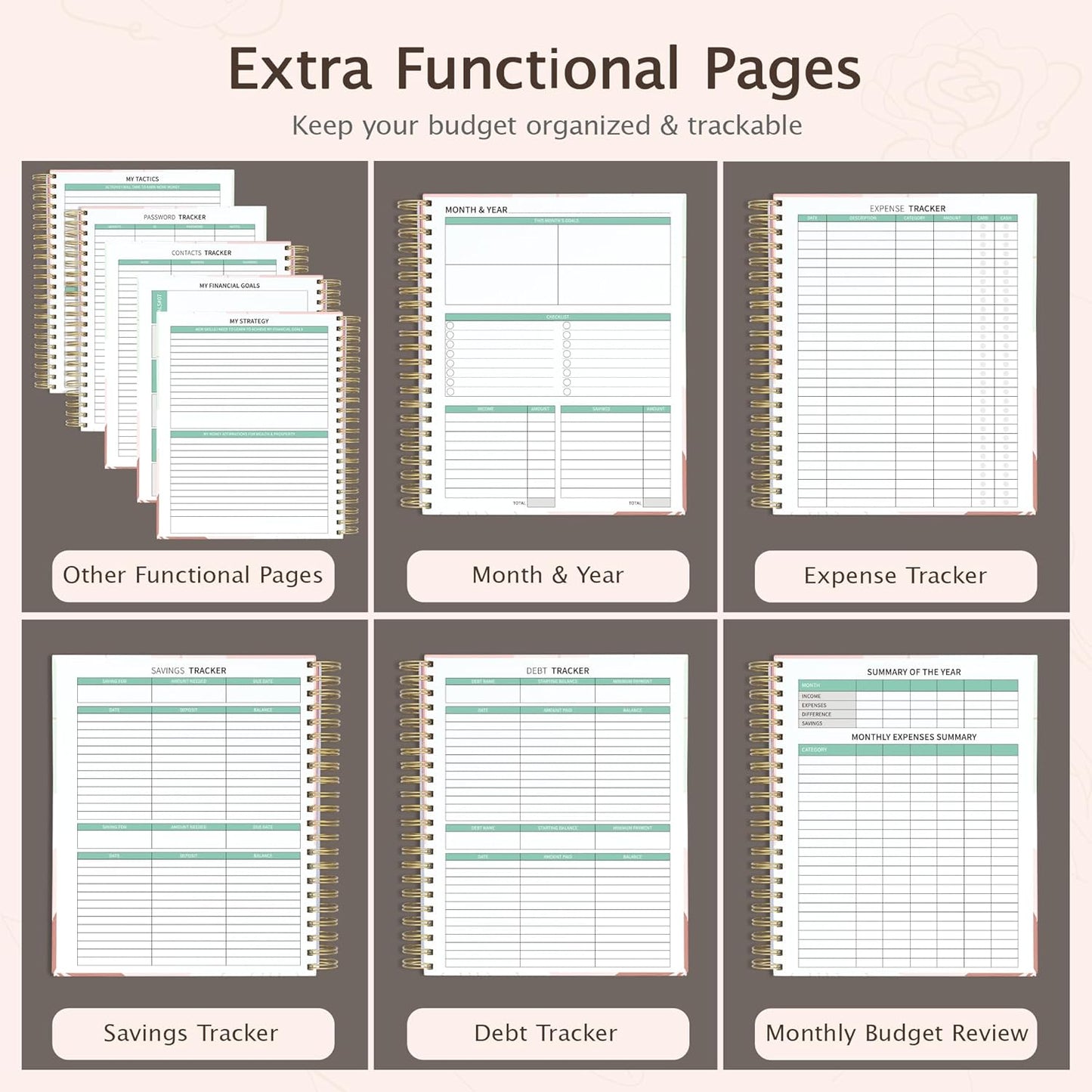 Ospelelf Budget Planner - Monthly Budget Book with Expense Tracker Notebook, Undated 12 Month Bill Organizer & Finance Planner, A4 Account Book with 12 Index Pockets, Zipper Pouch, Stickers(Brown)