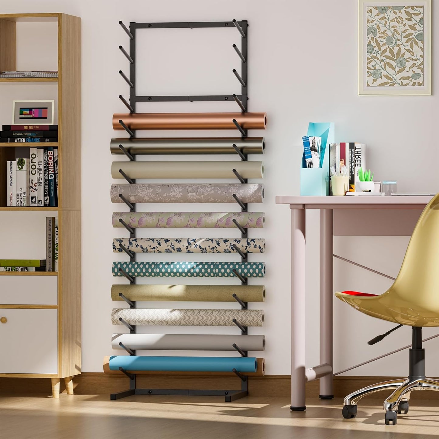 GIOTORENT Wall Mount Blueprint Storage Rack,15-Tier Heavy Duty Blueprint Holder for Construction Plan, Posters,Vinyl Rolls, Art Prints, Max 30lb/Arm, Easy Mount for Home, Office(Matte Black)